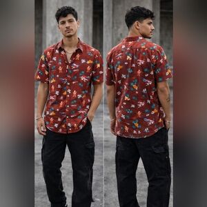 men’s tropical novelty print short sleeve button up shirt streetwear size l nwt